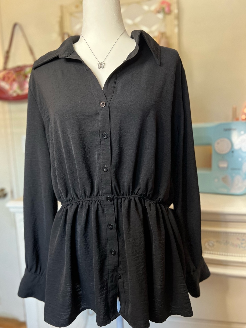 Black Button-Front Peplum Shirt with Elastic Waist